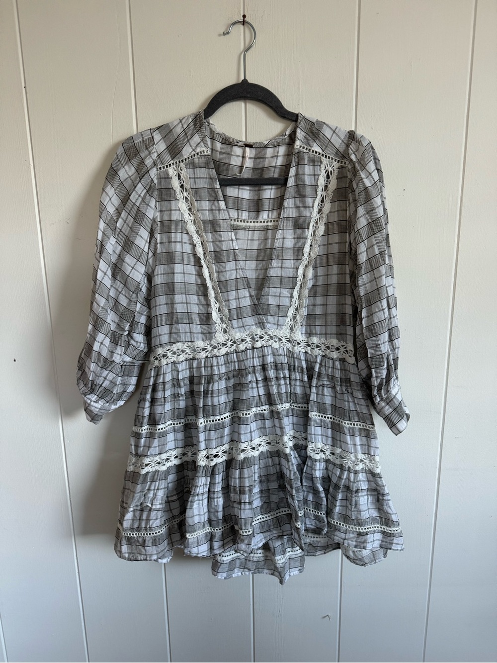Free People Plaid Lace Trim Peasant Mini Dress Gray & White Small